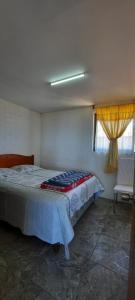 a bedroom with a bed and a chair and a window at Departamentos y Tinajas BlancaMahuida in El Quisco