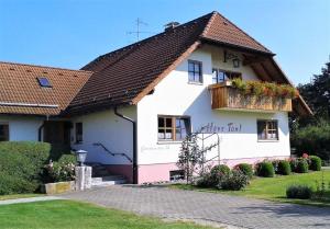 a white house with a brown roof at Ferienhaus Toni in Hohenstein