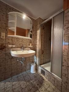 a bathroom with a sink and a shower at Martins Apartmenthaus in Biberwier