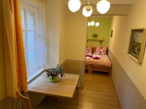 a room with a bed and a table and a window at Pension Švýcarský dům in Trutnov