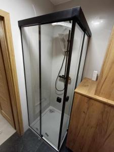 una doccia con porta in vetro in bagno di Apartamenty Zorza a Krynica-Zdrój