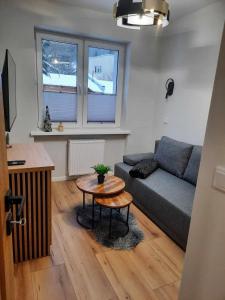un soggiorno con divano e tavolo di Apartamenty Zorza a Krynica-Zdrój