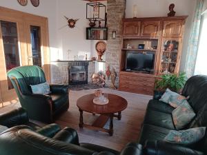 a living room with leather furniture and a fireplace at Gîte du Baroudeur in Spa