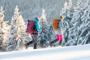 tres personas en esquís caminando por una ladera cubierta de nieve en Polku Hotelli, en Vihti