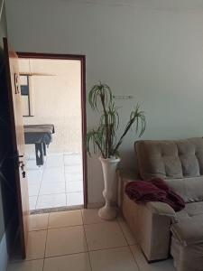 CASA em CALDAS NOVAS في كالدس نوفاس: غرفة معيشة مع أريكة ونبات الفخار