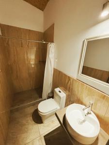 een badkamer met een toilet, een wastafel en een douche bij Hotel Vista Verde in Huancayo