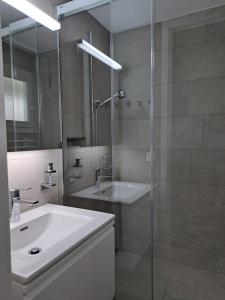 een badkamer met een wastafel en een glazen douche bij Sotmirana 53 (316 Sh) in Lenzerheide