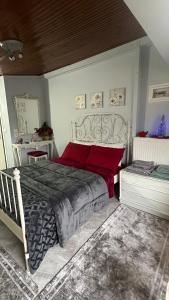 1 dormitorio con 1 cama grande con almohadas rojas en Με θέα το Κάστρο, en Nafpaktos