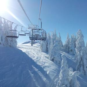 a ski lift with snow covered trees on a ski slope at T2 Le Refuge Avec Terrasse in Bellevaux