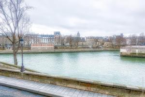 Une grande masse d'eau avec une ville en arrière-plan dans l'établissement Ile Saint Louis - Quai d'Orleans 2bdr, à Paris