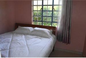 1 cama con almohadas blancas y ventana en The D'Lux Home, Homa Bay, en Marinde