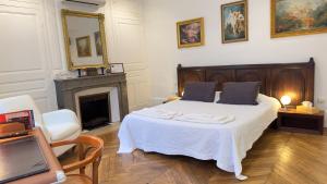 Chambre de charme au coeur du vieux Valence - Confort & Calme في فالنسيا: غرفة نوم بسرير كبير ومدفأة