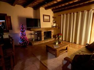 een woonkamer met een kerstboom en een open haard bij Cal mosso in Collsuspina