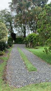 un camino de grava en un jardín con árboles y césped en FINCA VILLA ESMERALDA en Pereira
