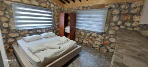 a bedroom with a bed in a stone wall at Borak's Stone Village in Rizokarpaso