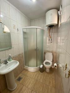 uma casa de banho com um chuveiro, um WC e um lavatório. em Markovic Apartmani Becici em Bečići