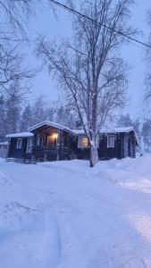 una cabaña de madera con un árbol en la nieve en Lomariihi 6, en Jyväskylä