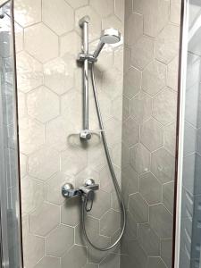 a shower with a shower head in a bathroom at Apartamenty Teofila Magdzińskiego 5 in Bydgoszcz