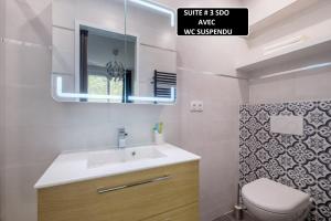 a bathroom with a sink and a toilet and a mirror at BEL APPARTEMENT 3 SUITES AVEC Wc SDO PRIVATIFS - CUISINE COMMUNE in Tassin-la-Demi-Lune