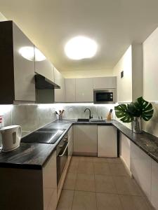 a kitchen with stainless steel appliances and a sink at Luxury Studio Kensington London - 24 7 Security in London