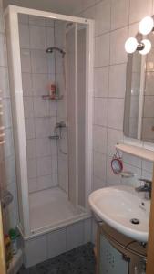 ObergünzburgにあるGemütliche Wohnung nahe Kempten (Obergünzburg)のシャワーと洗面台付きのバスルーム