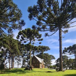 a house in the middle of a field with trees at Snow Valley Eco Lodge in São Joaquim