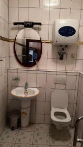 een badkamer met een wastafel, een toilet en een spiegel bij Hotel & Restaurant Com Viet in Oschatz