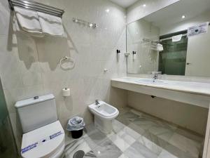 a bathroom with a toilet and a sink and a mirror at Hospederia Imar in Cádiz