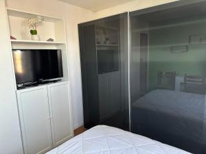 Schlafzimmer mit einem Bett und einem Flachbild-TV in der Unterkunft Gruissan Pleine vue sur port in Gruissan