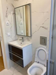 a bathroom with a toilet and a sink and a mirror at Casa Augusta 4 in Braga