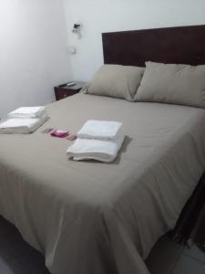 Una gran cama blanca con toallas encima. en Mendoza Alquileres D10 en Luján de Cuyo