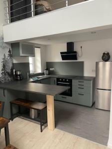 a kitchen with a stove and a counter top at FREIGEIST ZeitRaum in Haßloch +6 photos