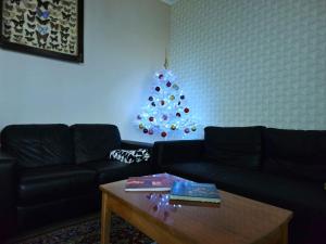 Rumbach Terrace Apartment في بودابست: غرفة معيشة مع شجرة عيد الميلاد وطاولة قهوة