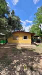 una pequeña casa amarilla con un árbol en Hakuna Matata en Santa Rosa de Calamuchita