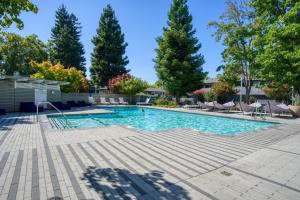 a swimming pool with chairs and trees at Mountain View 2BR w Gym Pool Garden nr Dining SFO-381 in Mountain View