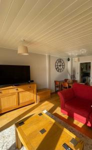 a living room with a red couch and a flat screen tv at The Cotswolds Lakeside - Kinsale Lodge,Spring Lake in South Cerney