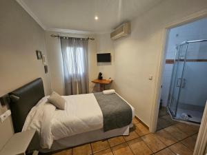 a small bedroom with a bed and a shower at Hostal La Campana in Toledo