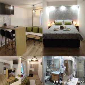 Un collage de fotos de un dormitorio y una sala de estar. en Kovac Inalux Apartmani, en Gornje Pale