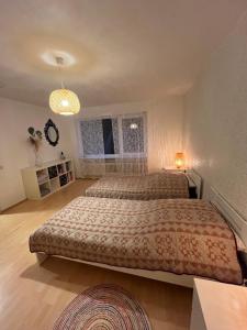 a bedroom with two beds and a window at Ruhige Ferienwohnung im Saarland in Schiffweiler