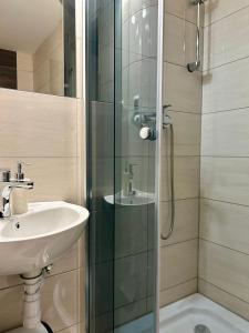 W łazience znajduje się szklana kabina prysznicowa i umywalka. w obiekcie Noclegi Sarenka w Murzasichlu