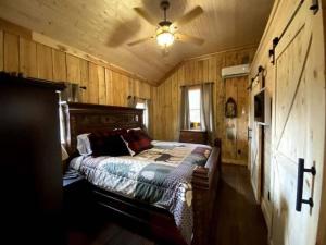 a bedroom with a bed and a ceiling fan at Couple Retreat Cabin-near Smoky Mountain Railroad-Hot Tub in Bryson City
