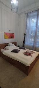 1 dormitorio con 1 cama grande en una habitación con lámpara de araña en Rákóczi Guesthouse Miskolc, en Miskolc