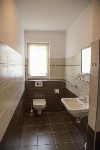 a bathroom with a toilet and a sink at Spreeidyll in Schlepzig +19 photos