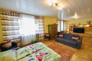 ein Wohnzimmer mit einem Sofa und einem TV in der Unterkunft Haus Gretchen Alpen in Xanten