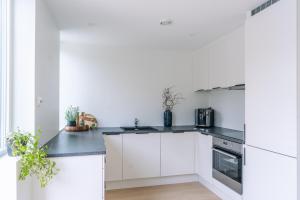 a kitchen with white cabinets and black counter tops at Modern Villas in Plush town in Tromsø