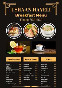 a menu for a breakfast menu with food and drinks at Hotel Ushaan Haveli in Udaipur