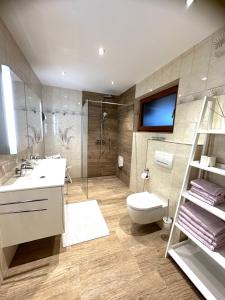 een badkamer met een wastafel, een toilet en een douche bij Landhaus Solaris in Leutasch