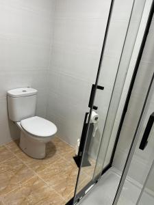 baño con aseo y puerta de ducha de cristal en CASA RURAL SAN GREGORIO, en Las Eras