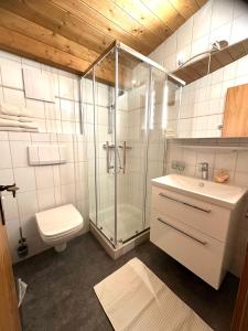 a bathroom with a shower and a toilet and a sink at Landhaus Solaris in Leutasch