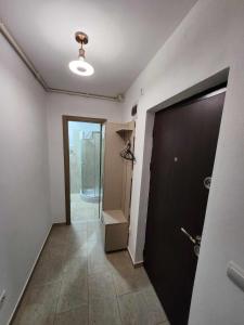a hallway with a door and a walk in shower at Dream House Splai Sebeș in Caransebeş